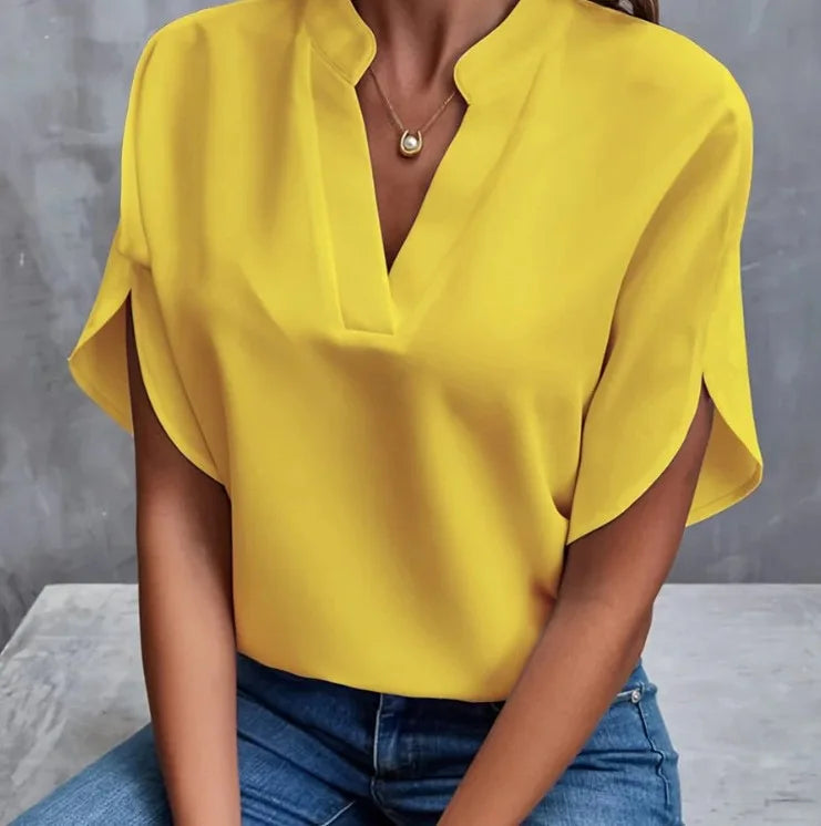 Woman New Summer Solid Color Shirts Lady Casual Short Sleeve V-Neck Collar