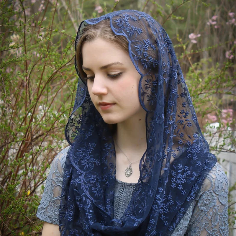 Black Navy Champagne Floral Mantilla Mass Infinity Embroidered Lace Veil