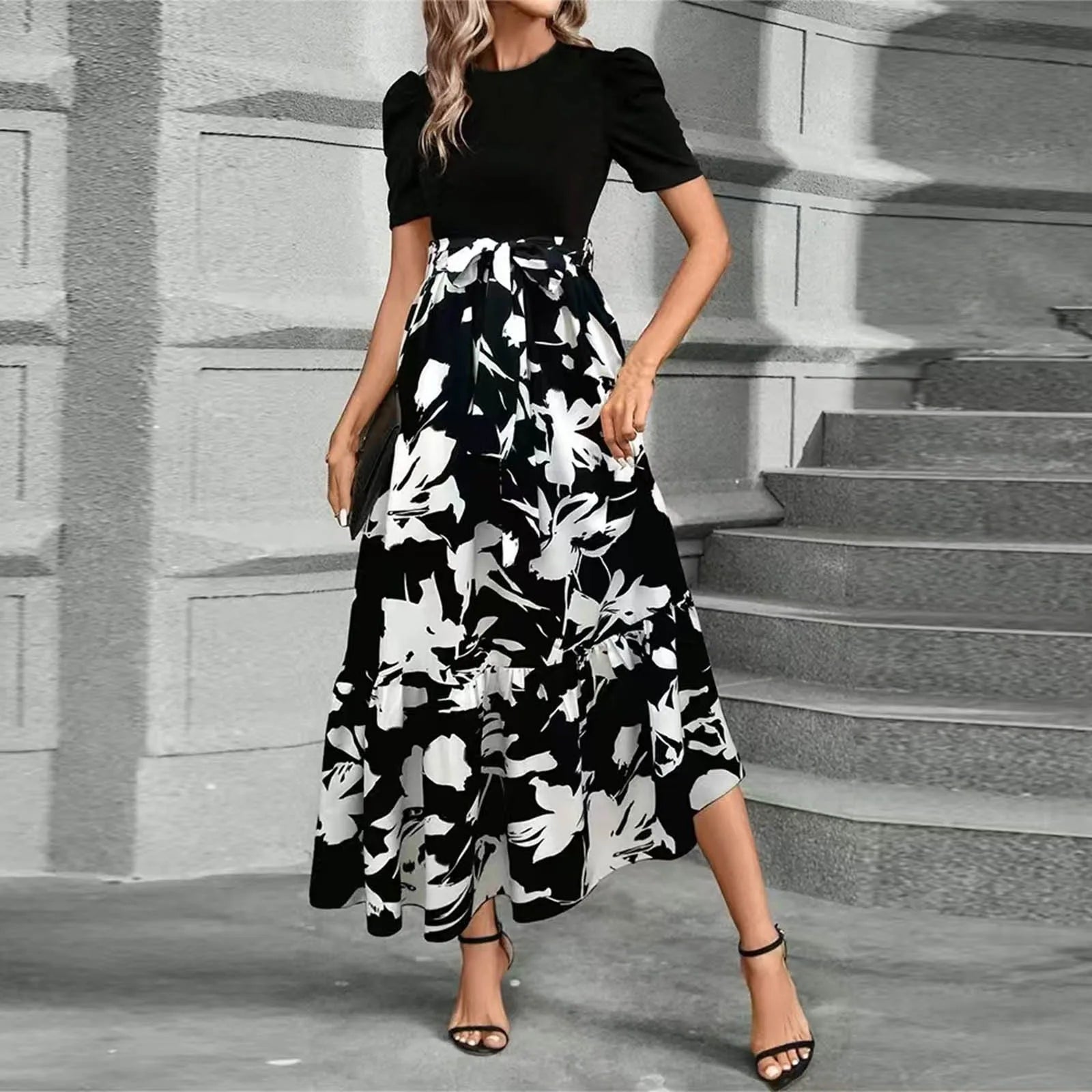 Dresses Elegant Office Lady Outfits A-line Lace-up Slim Fit Waist Ruffle Hem Skirt