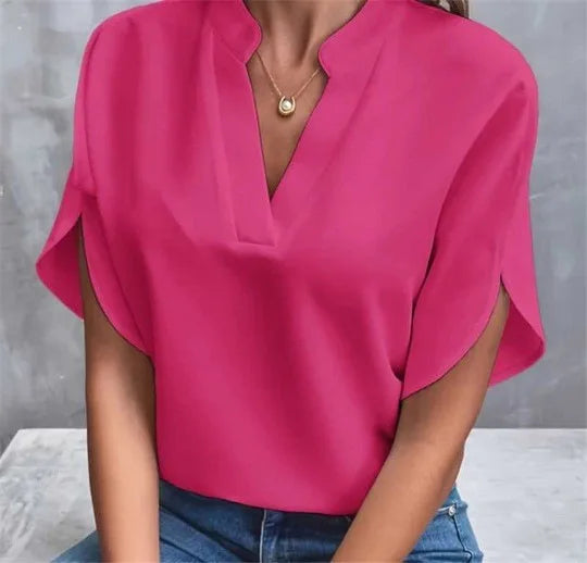 Woman New Summer Solid Color Shirts Lady Casual Short Sleeve V-Neck Collar