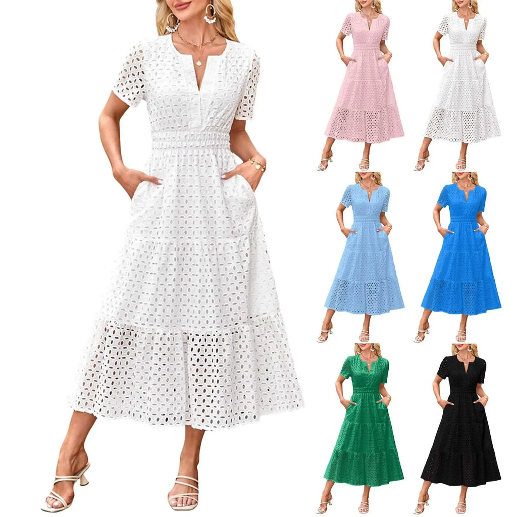Summer New Women Short Sleeved Long Dress Trendy V-Neck Hollow Eyelets Ruffle Hem A-Line Dresses