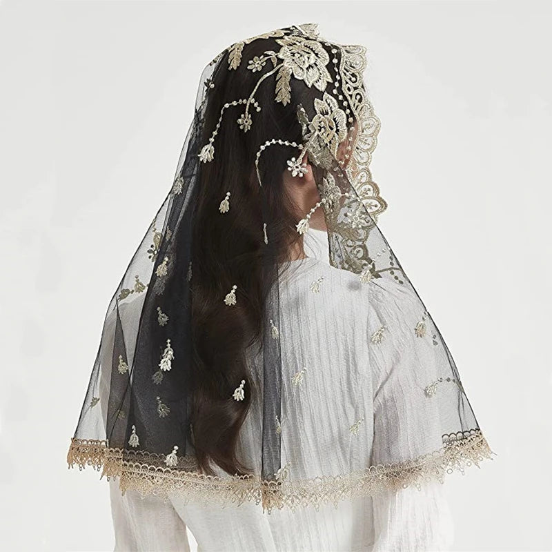 Catholic Veils for Women Mass Lotus-Shaped Gold Embroidered Venice Spanish Style Chapel Head Covering