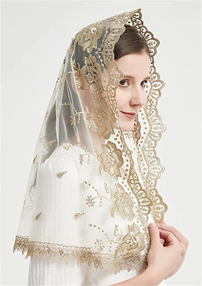 Catholic Veils for Women Mass Lotus-Shaped Gold Embroidered Venice Spanish Style Chapel Head Covering