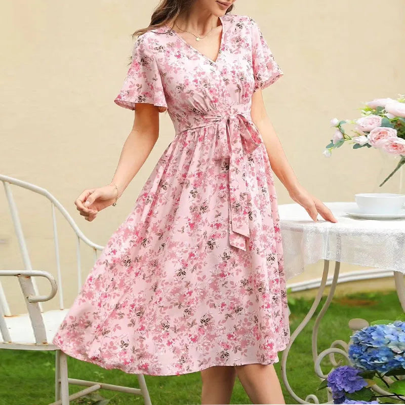 Dresses for Women Fashion Summer Lace-up Short SleeveV-Neck Women Dress Print A-LINE Dress