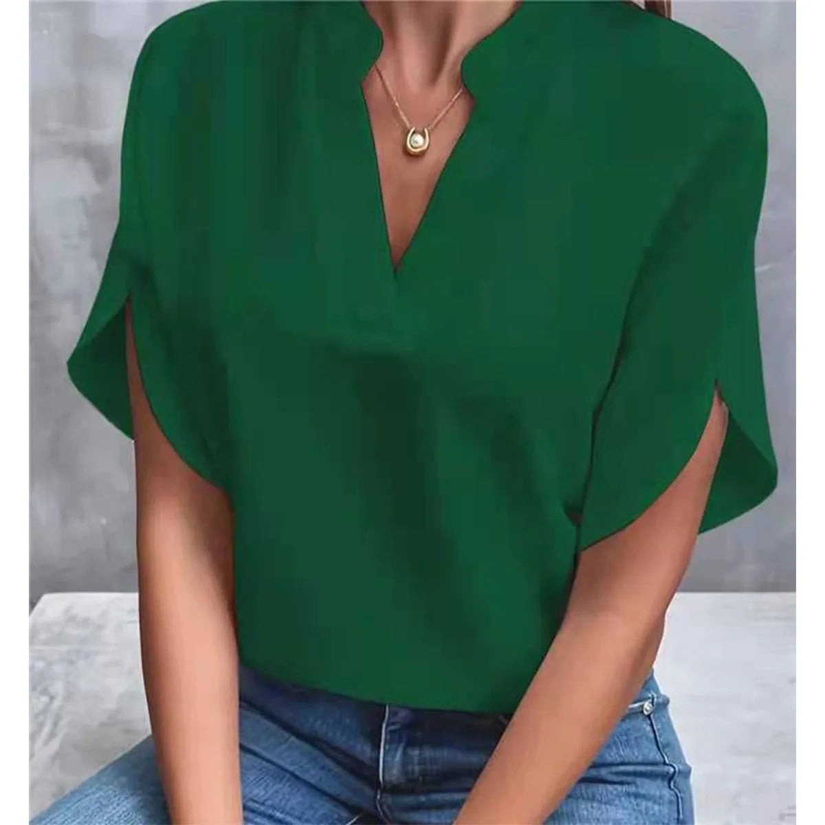 Woman New Summer Solid Color Shirts Lady Casual Short Sleeve V-Neck Collar