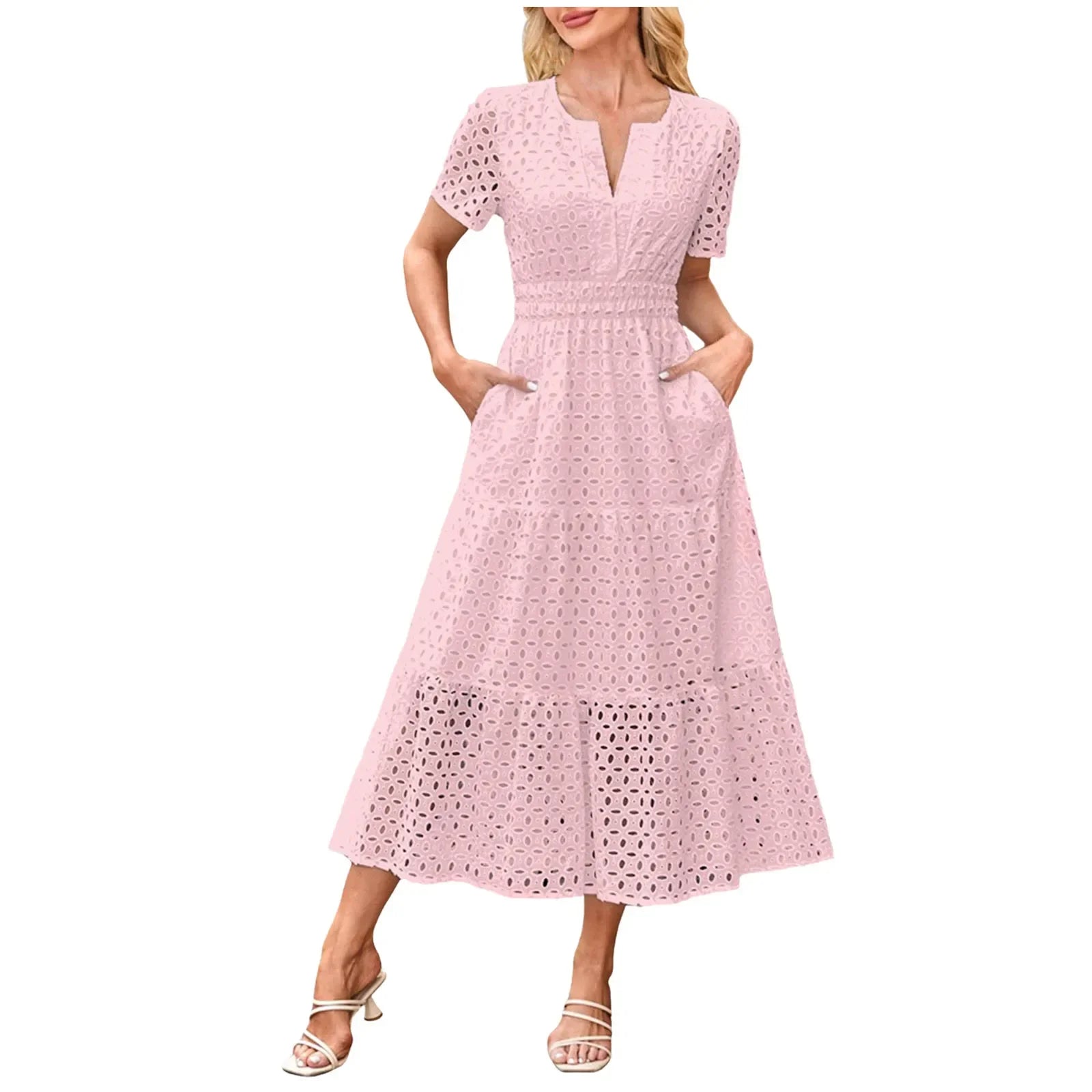 Summer New Women Short Sleeved Long Dress Trendy V-Neck Hollow Eyelets Ruffle Hem A-Line Dresses