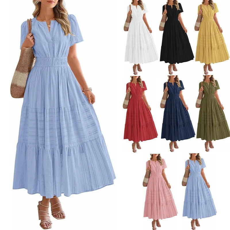 2026 New Dresses Women V Neck Ruched Puff Sleeve Dress Short Sleeve A-Line Flowy Dress Casual