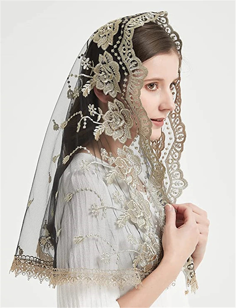 Catholic Veils for Women Mass Lotus-Shaped Gold Embroidered Venice Spanish Style Chapel Head Covering