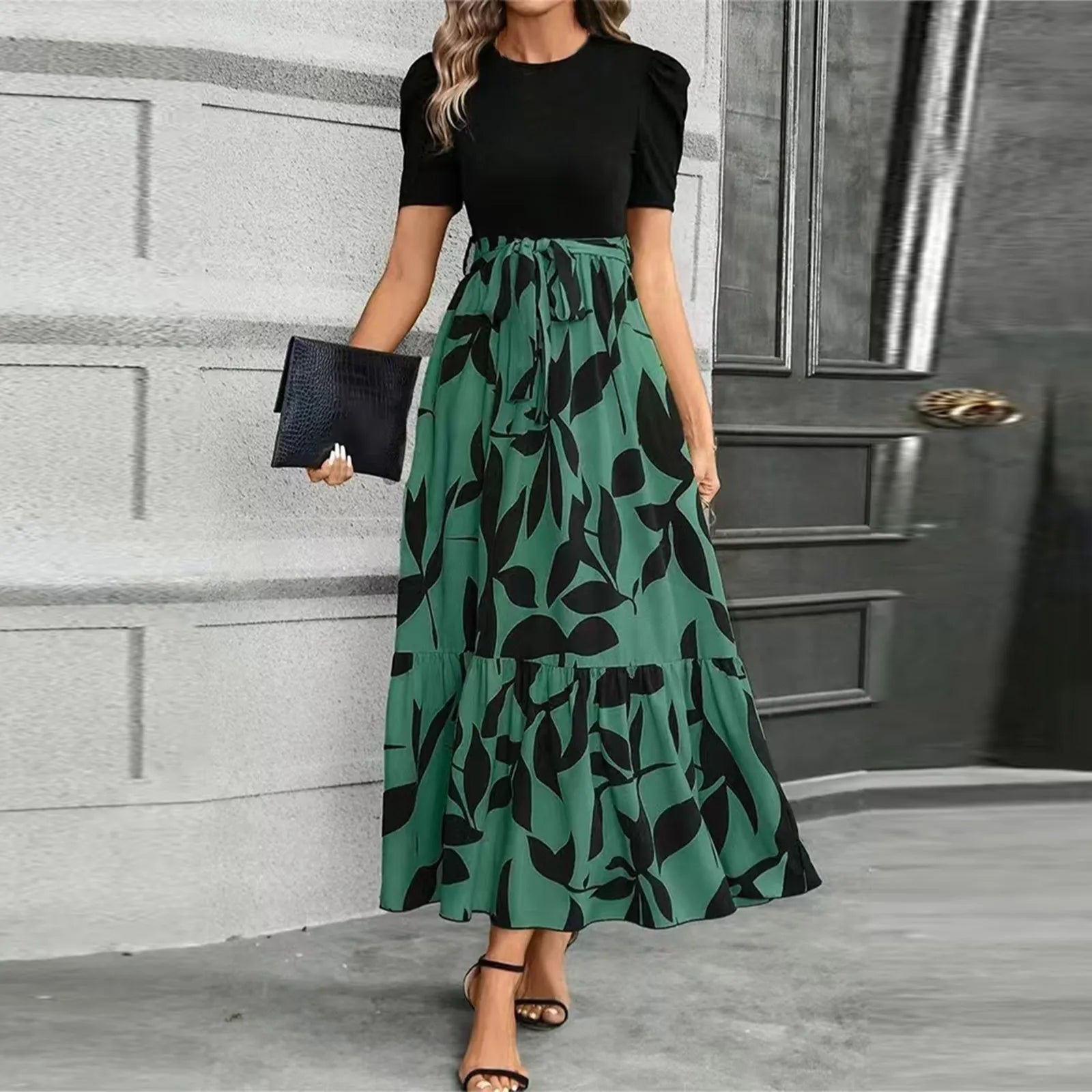 Dresses Elegant Office Lady Outfits A-line Lace-up Slim Fit Waist Ruffle Hem Skirt