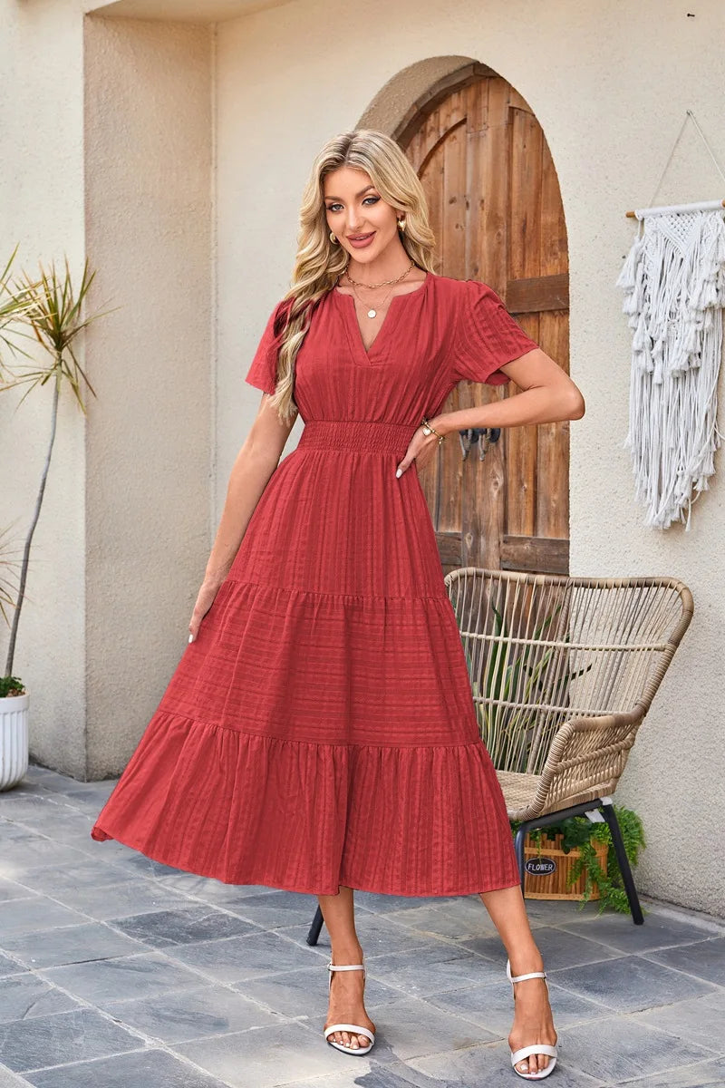 2026 New Dresses Women V Neck Ruched Puff Sleeve Dress Short Sleeve A-Line Flowy Dress Casual