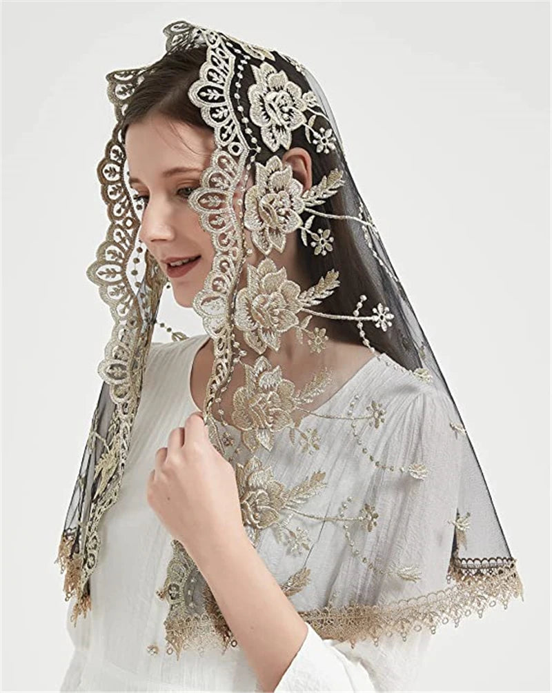 Catholic Veils for Women Mass Lotus-Shaped Gold Embroidered Venice Spanish Style Chapel Head Covering