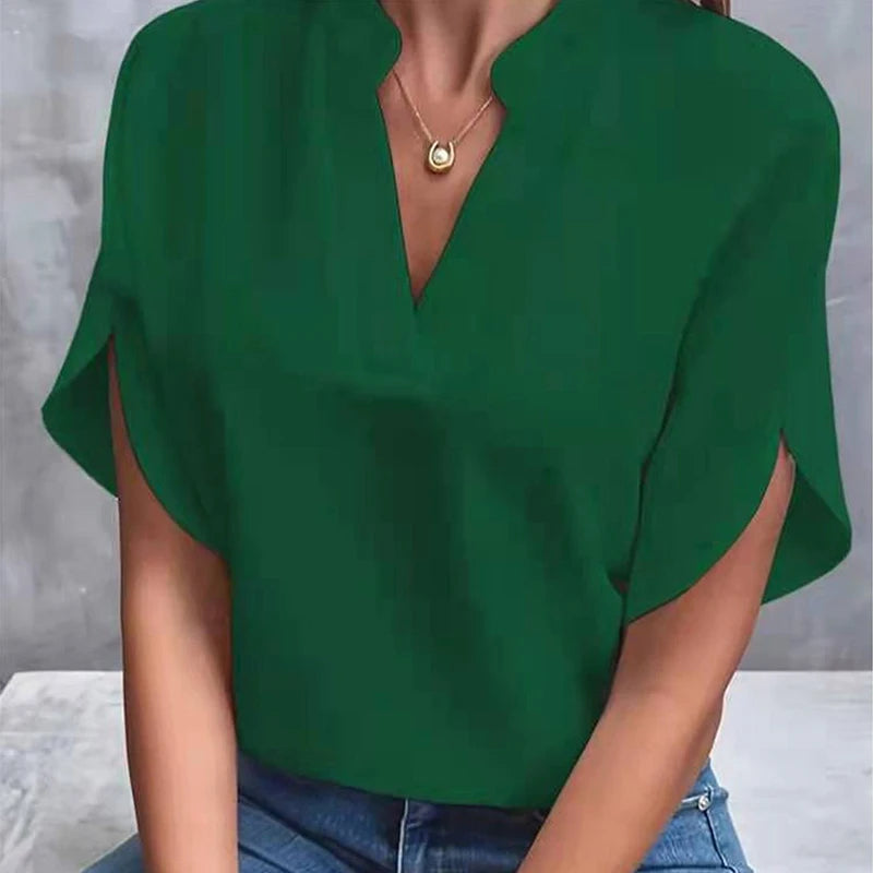Woman New Summer Solid Color Shirts Lady Casual Short Sleeve V-Neck Collar