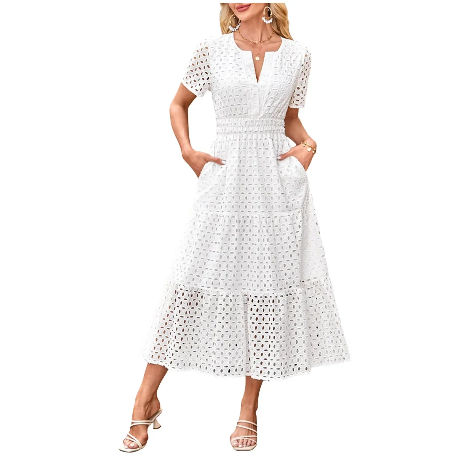 Summer New Women Short Sleeved Long Dress Trendy V-Neck Hollow Eyelets Ruffle Hem A-Line Dresses