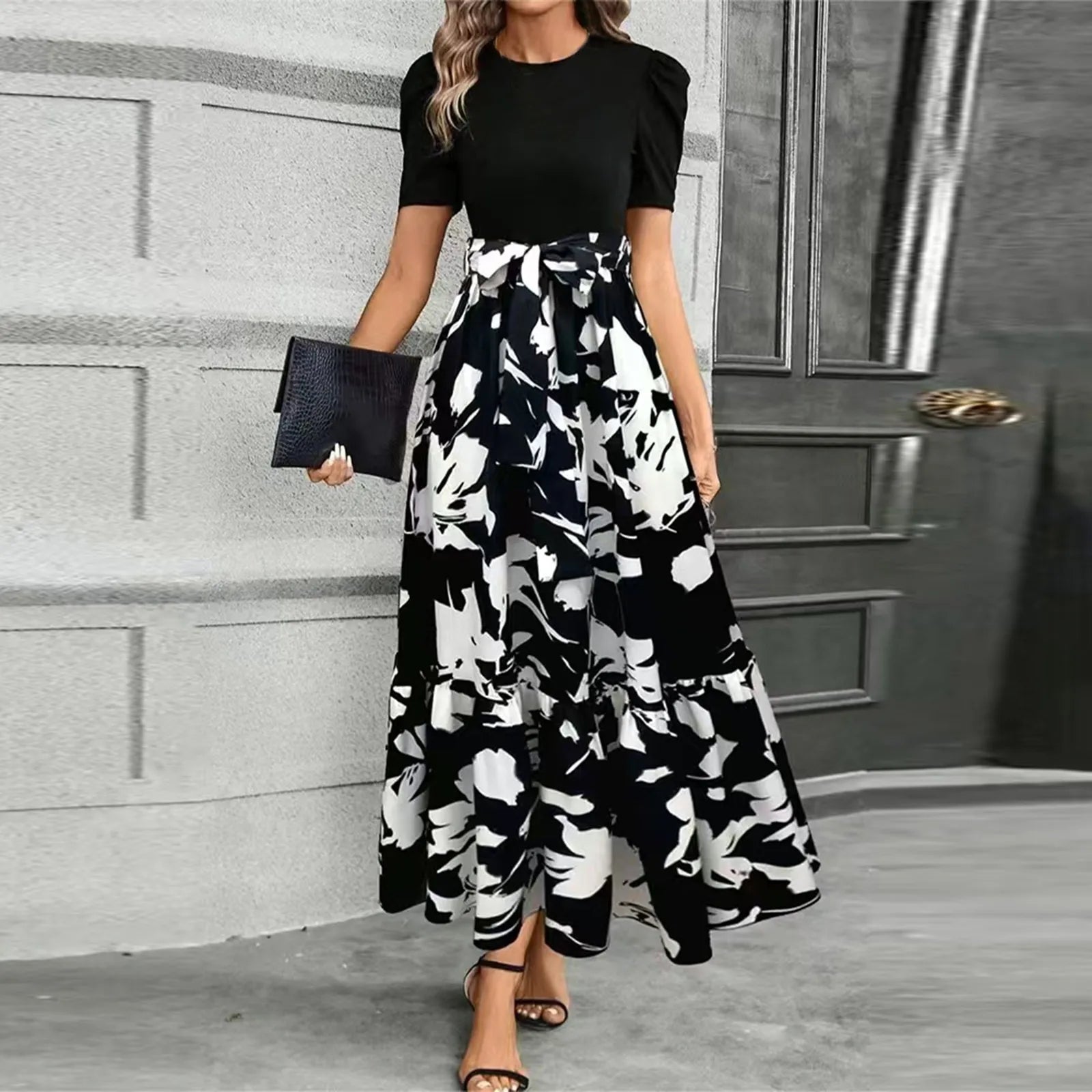 Dresses Elegant Office Lady Outfits A-line Lace-up Slim Fit Waist Ruffle Hem Skirt