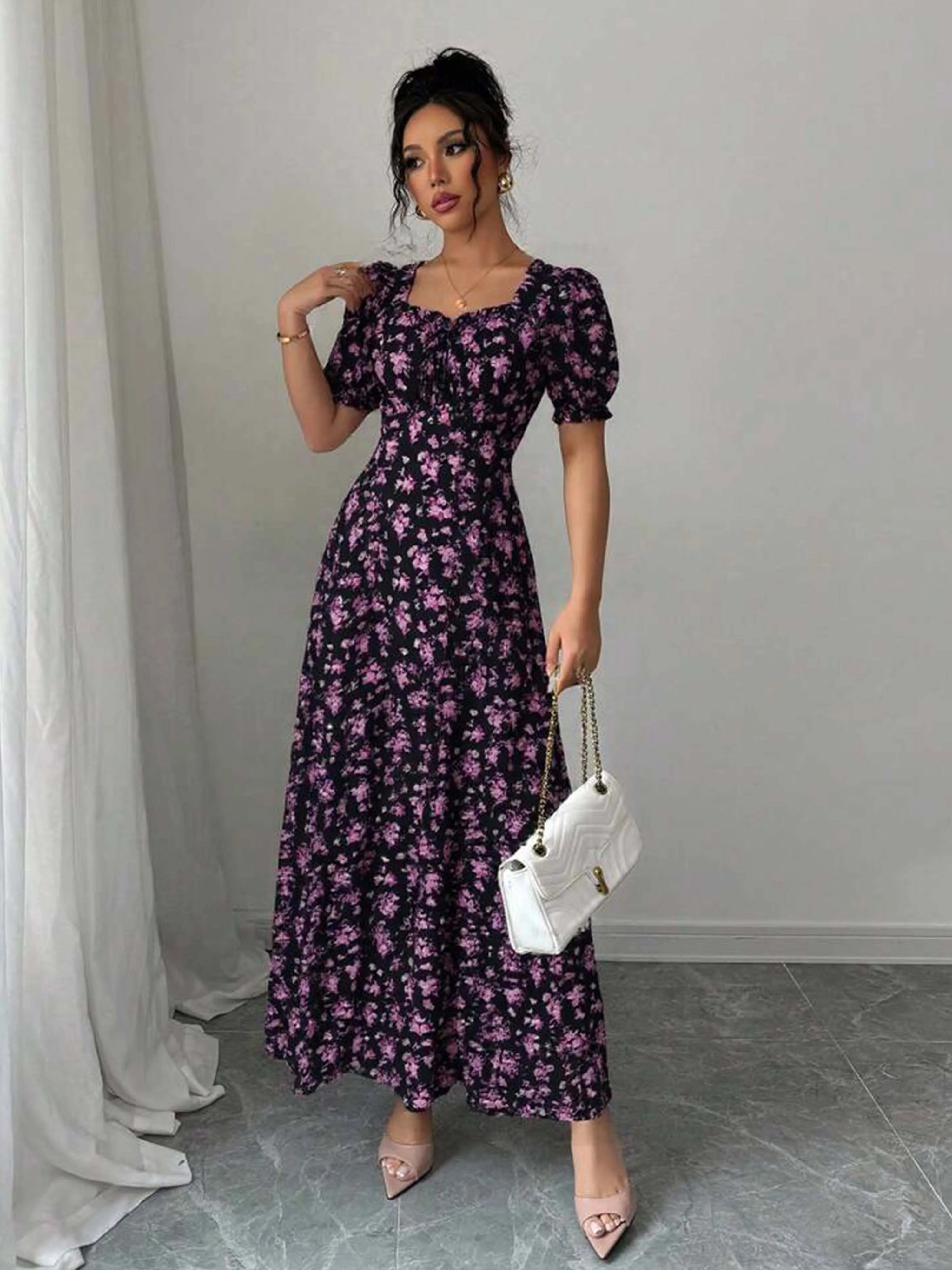 Women's Summer Maxi Dress Elegant Casual Puff Sleeve