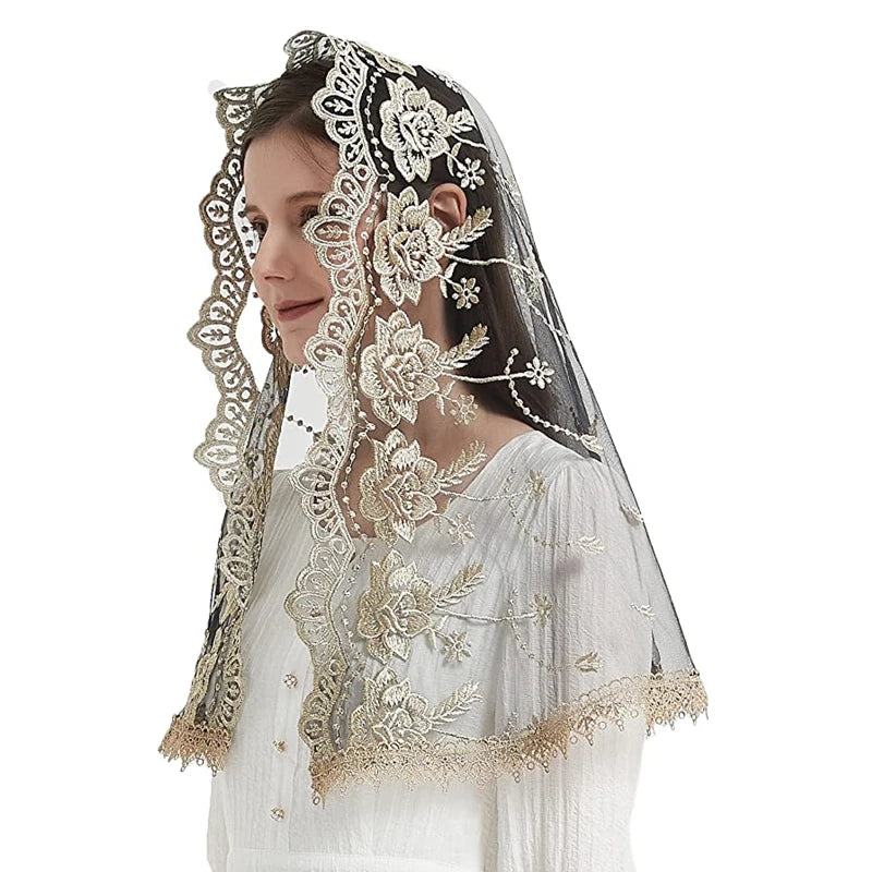 Catholic Veils for Women Mass Lotus-Shaped Gold Embroidered Venice Spanish Style Chapel Head Covering