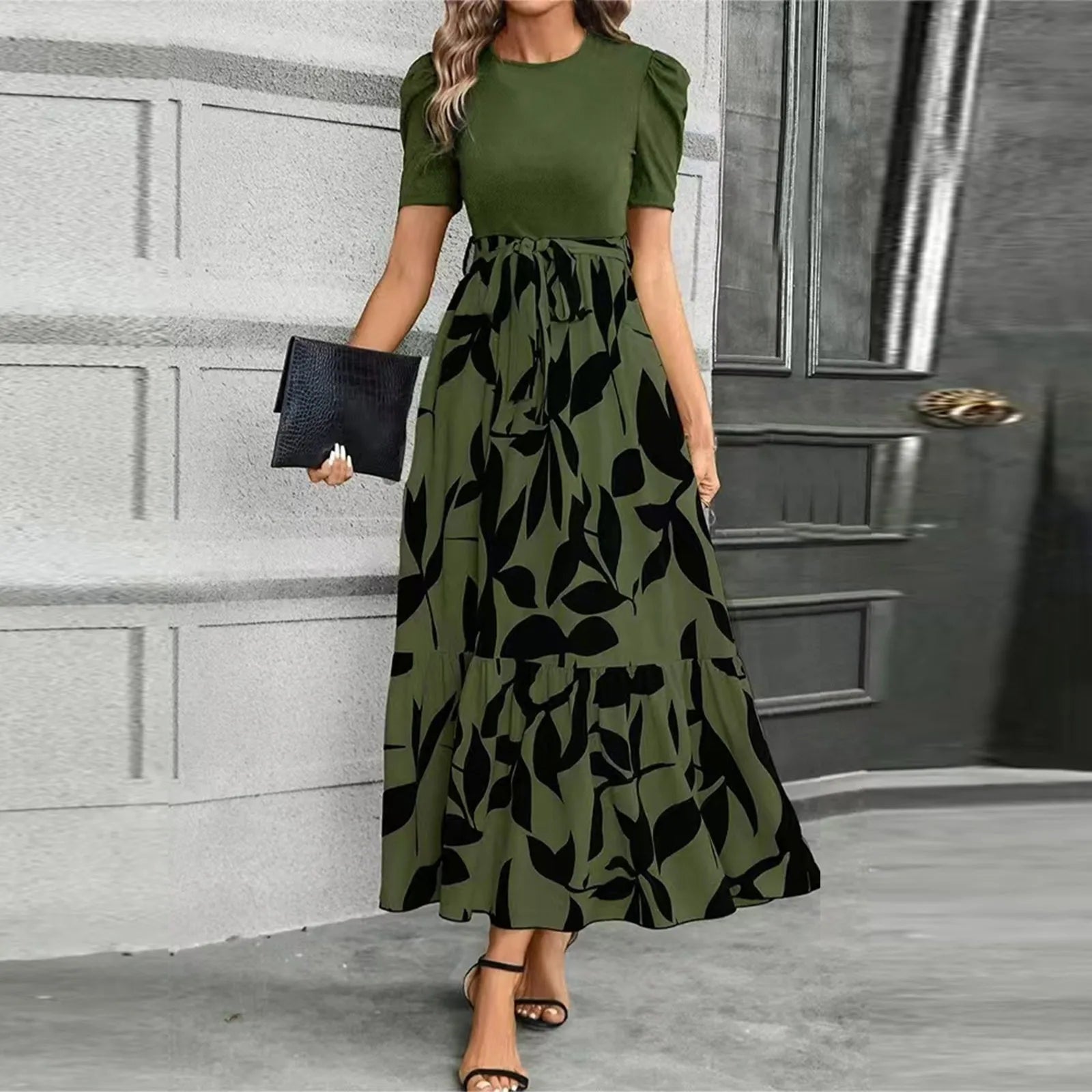 Dresses Elegant Office Lady Outfits A-line Lace-up Slim Fit Waist Ruffle Hem Skirt