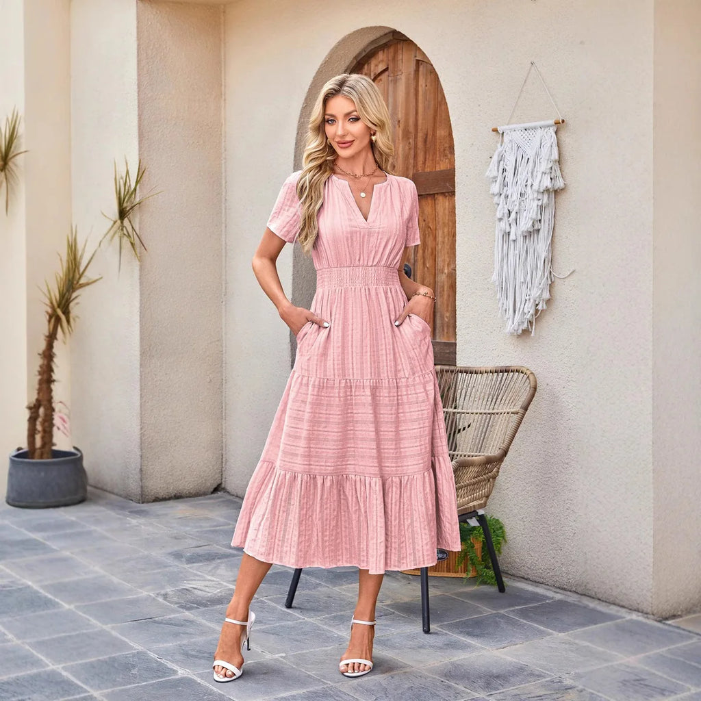 2026 New Dresses Women V Neck Ruched Puff Sleeve Dress Short Sleeve A-Line Flowy Dress Casual