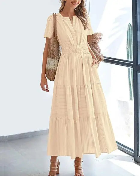 2026 New Dresses Women V Neck Ruched Puff Sleeve Dress Short Sleeve A-Line Flowy Dress Casual