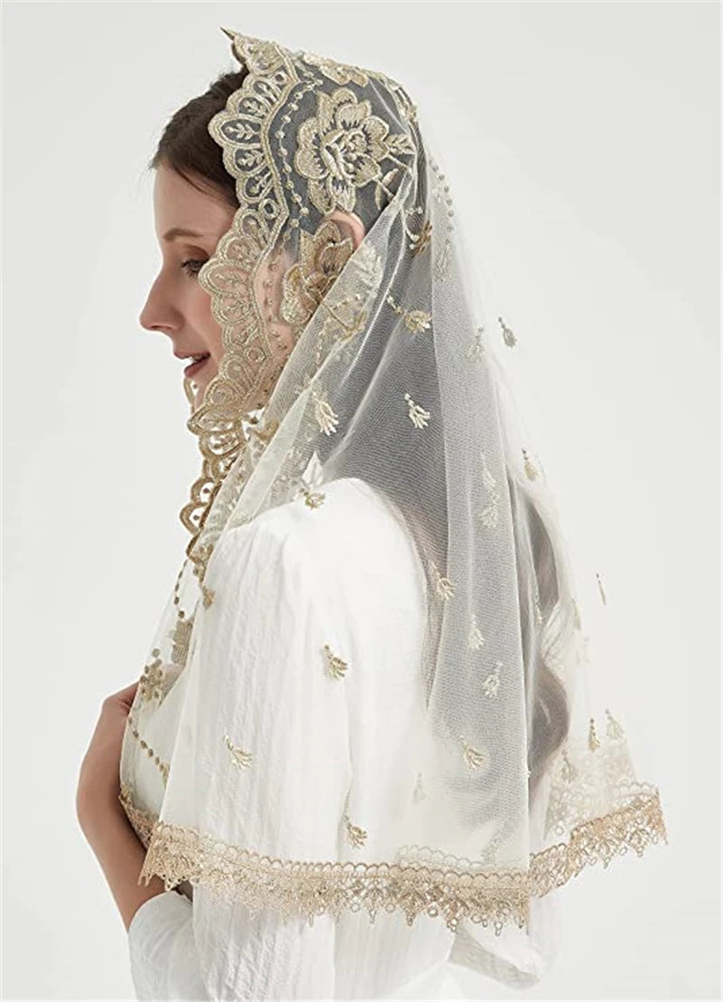 Catholic Veils for Women Mass Lotus-Shaped Gold Embroidered Venice Spanish Style Chapel Head Covering