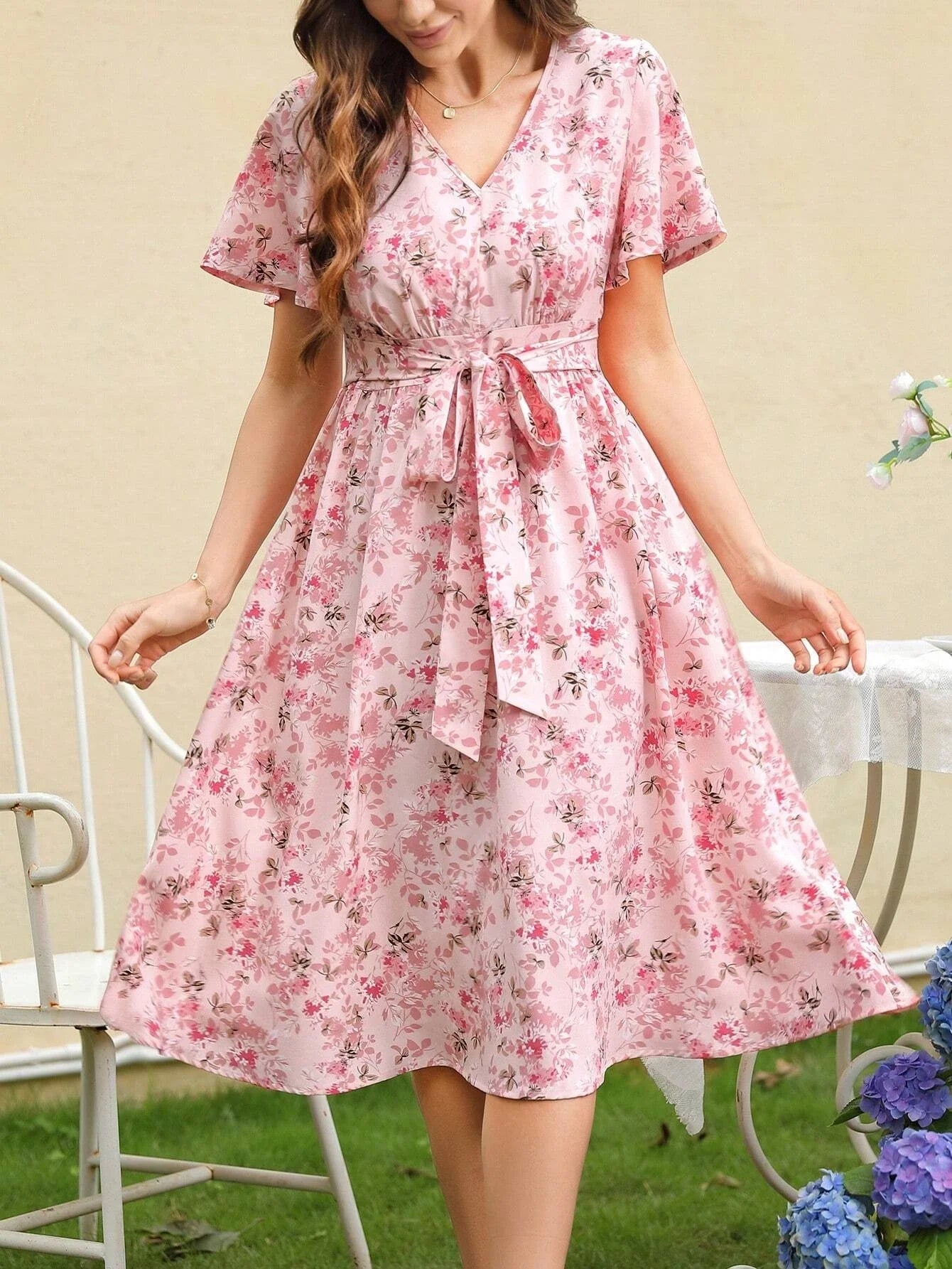 Dresses for Women Fashion Summer Lace-up Short SleeveV-Neck Women Dress Print A-LINE Dress