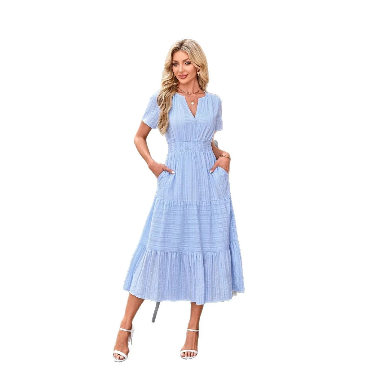 2026 New Dresses Women V Neck Ruched Puff Sleeve Dress Short Sleeve A-Line Flowy Dress Casual