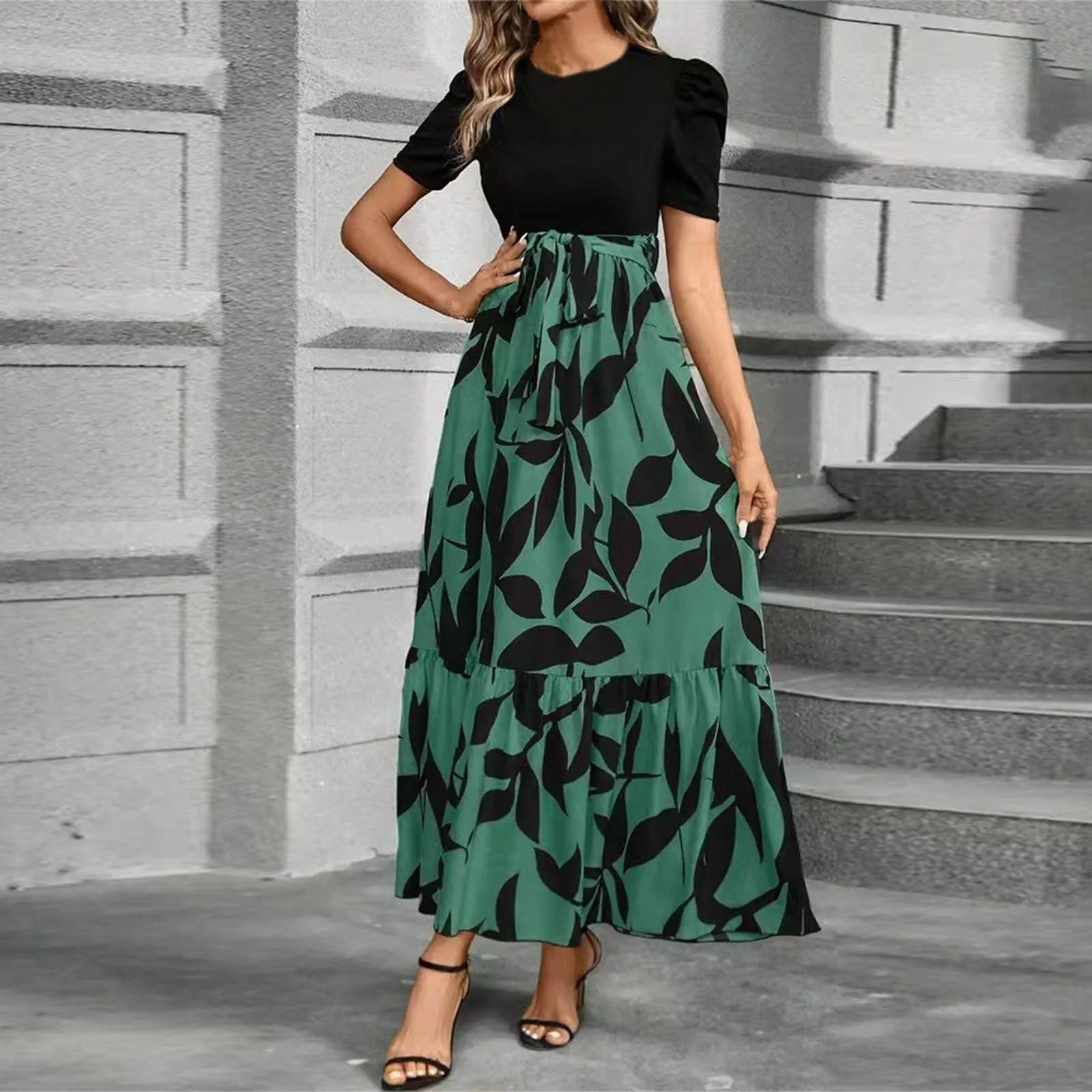Dresses Elegant Office Lady Outfits A-line Lace-up Slim Fit Waist Ruffle Hem Skirt