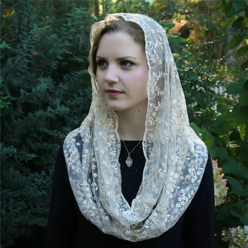 Black Navy Champagne Floral Mantilla Mass Infinity Embroidered Lace Veil