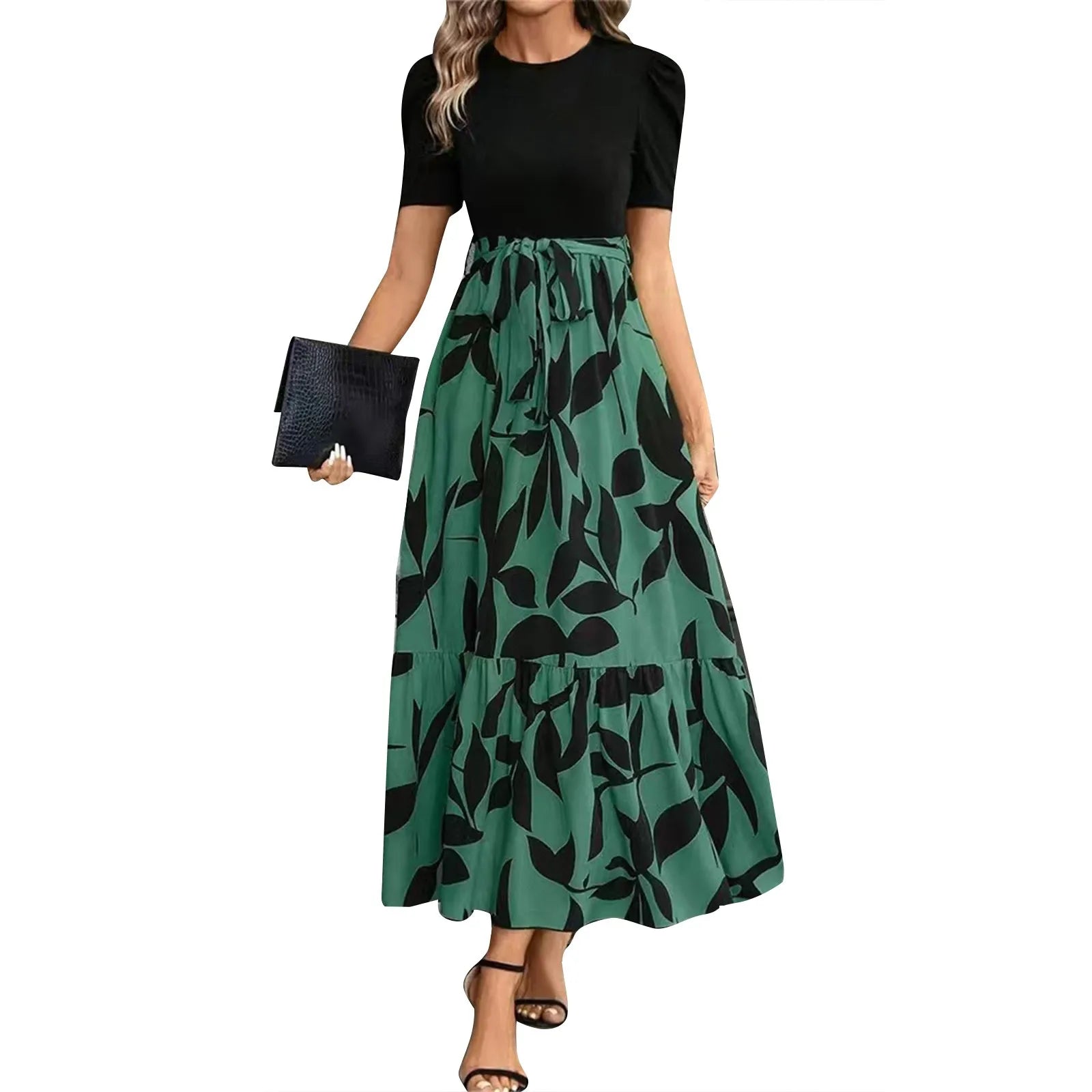 Dresses Elegant Office Lady Outfits A-line Lace-up Slim Fit Waist Ruffle Hem Skirt