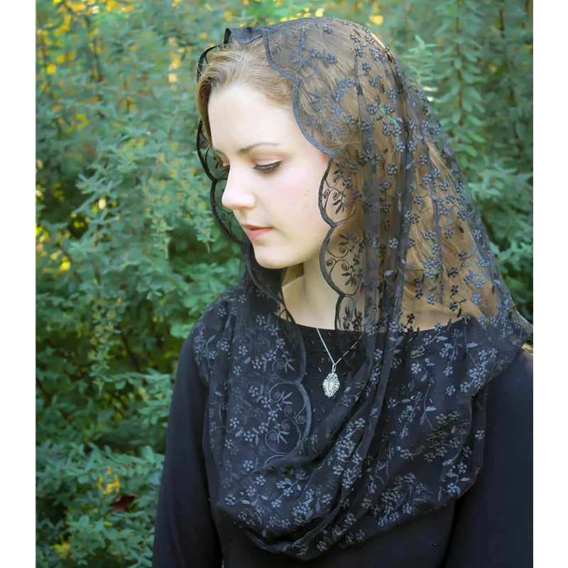Black Navy Champagne Floral Mantilla Mass Infinity Embroidered Lace Veil