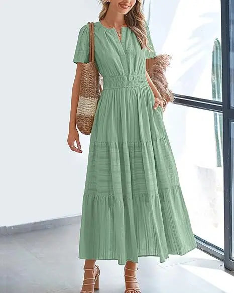 2026 New Dresses Women V Neck Ruched Puff Sleeve Dress Short Sleeve A-Line Flowy Dress Casual