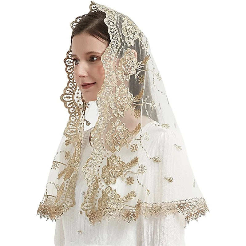Catholic Veils for Women Mass Lotus-Shaped Gold Embroidered Venice Spanish Style Chapel Head Covering