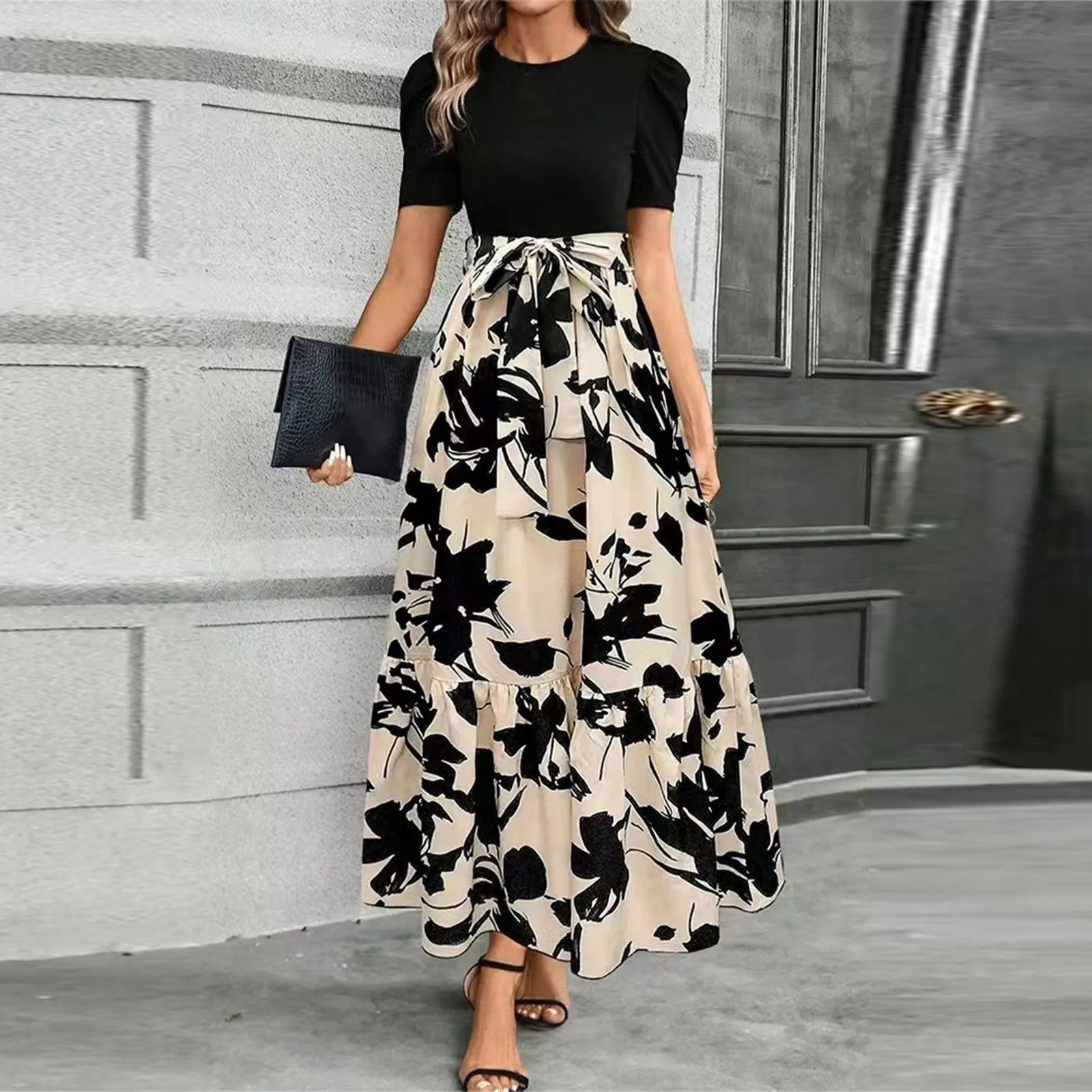 Dresses Elegant Office Lady Outfits A-line Lace-up Slim Fit Waist Ruffle Hem Skirt