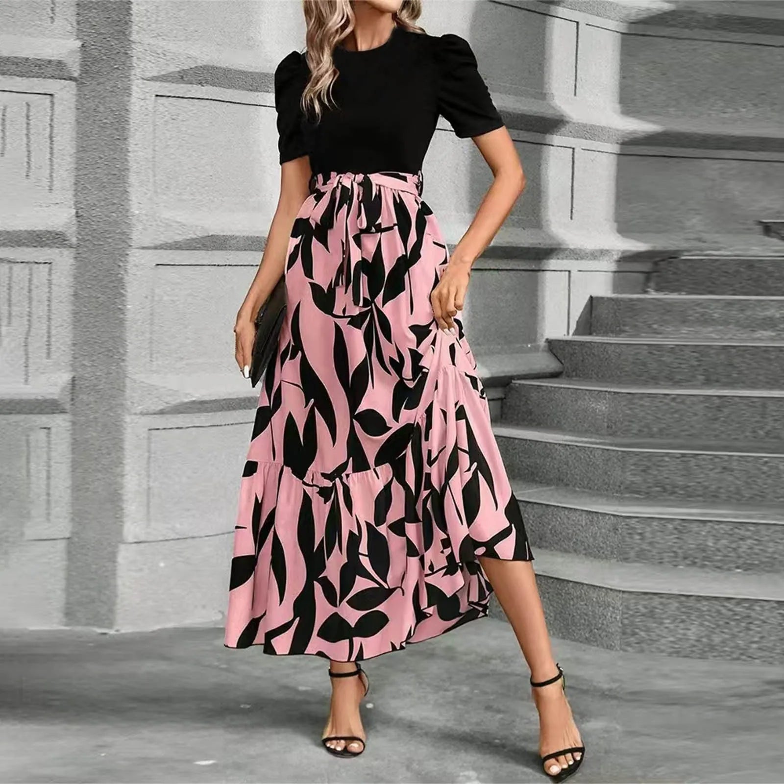 Dresses Elegant Office Lady Outfits A-line Lace-up Slim Fit Waist Ruffle Hem Skirt