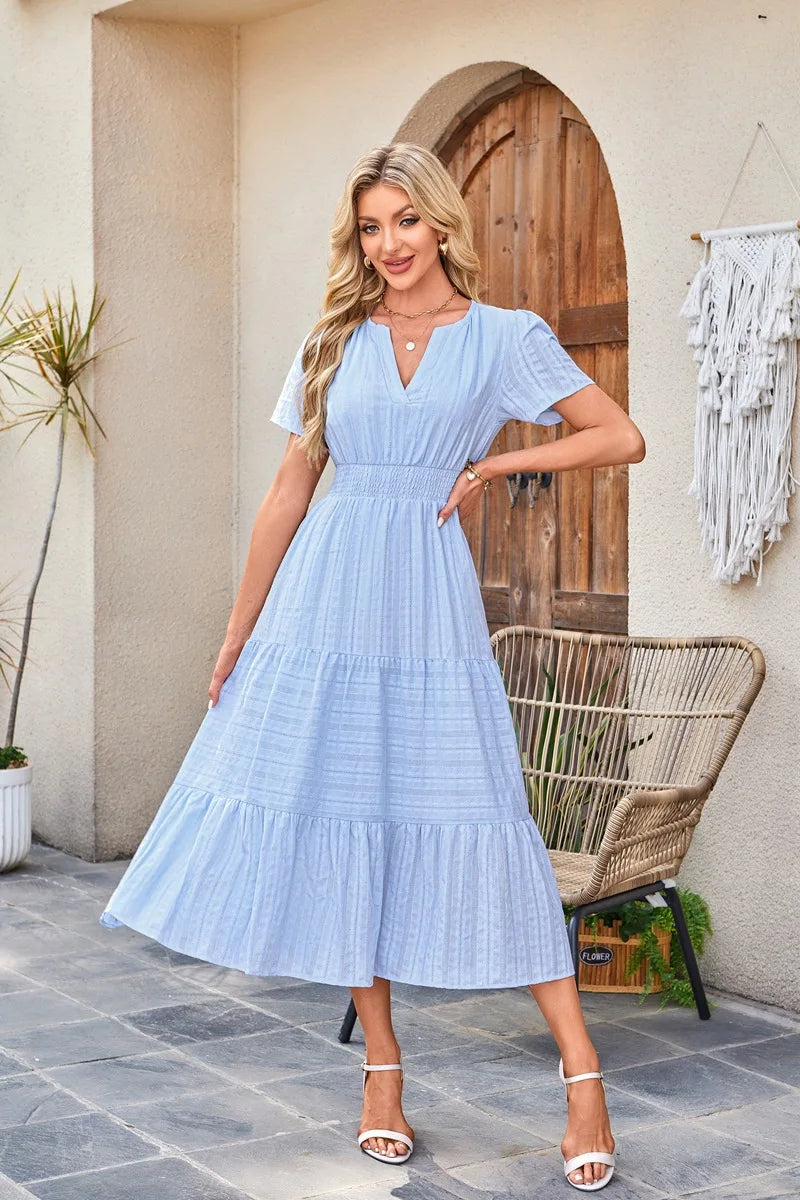 2026 New Dresses Women V Neck Ruched Puff Sleeve Dress Short Sleeve A-Line Flowy Dress Casual