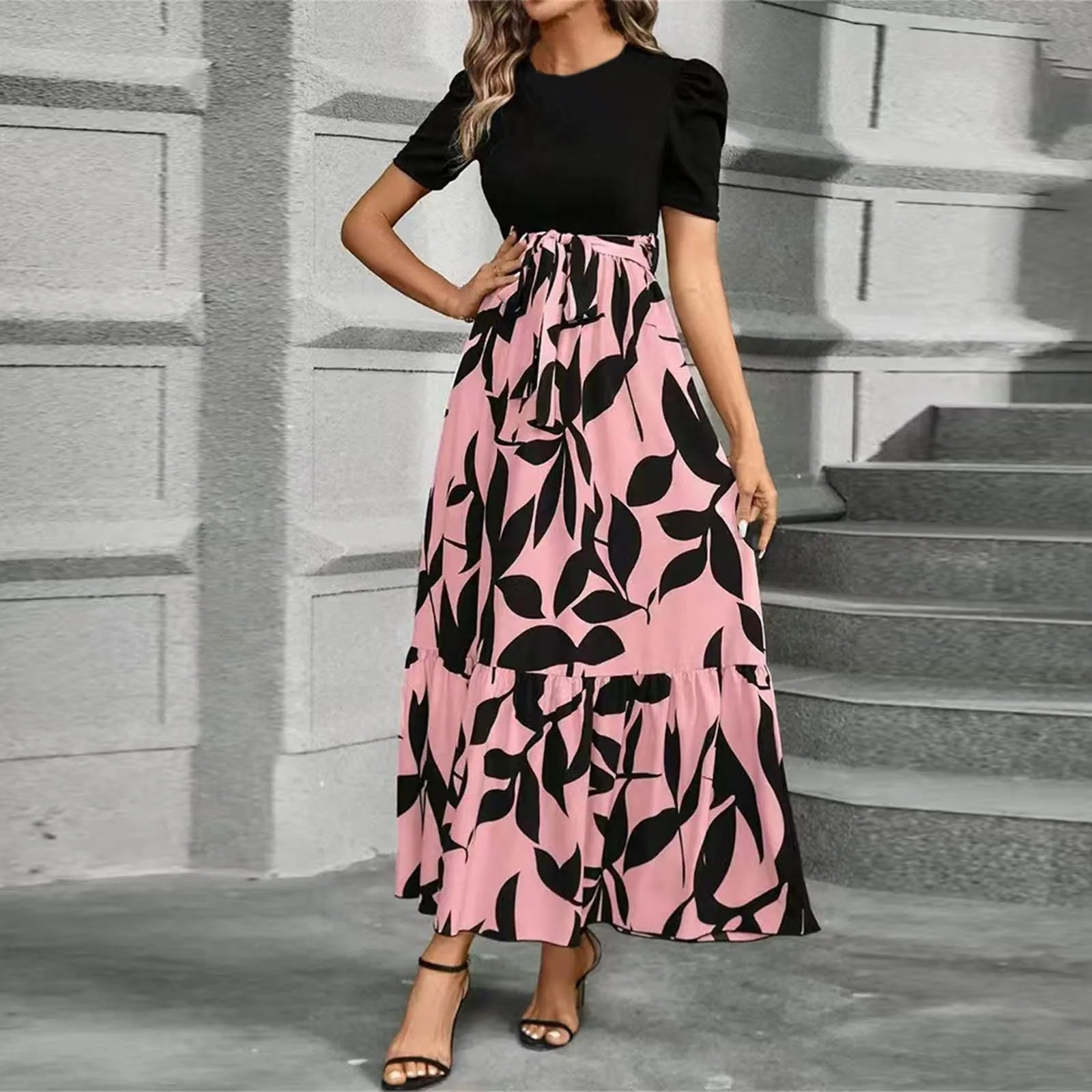 Dresses Elegant Office Lady Outfits A-line Lace-up Slim Fit Waist Ruffle Hem Skirt