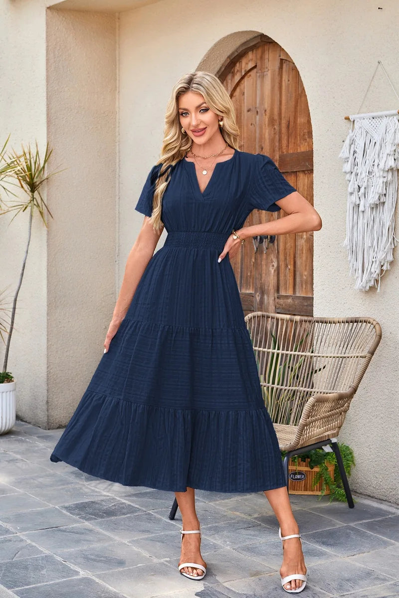 2026 New Dresses Women V Neck Ruched Puff Sleeve Dress Short Sleeve A-Line Flowy Dress Casual