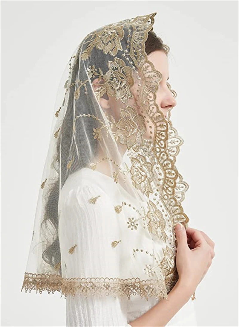 Catholic Veils for Women Mass Lotus-Shaped Gold Embroidered Venice Spanish Style Chapel Head Covering