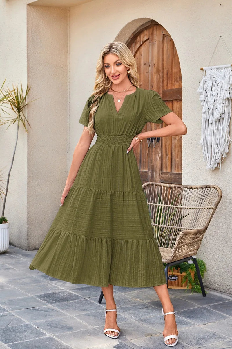 2026 New Dresses Women V Neck Ruched Puff Sleeve Dress Short Sleeve A-Line Flowy Dress Casual