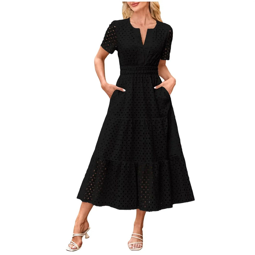 Summer New Women Short Sleeved Long Dress Trendy V-Neck Hollow Eyelets Ruffle Hem A-Line Dresses