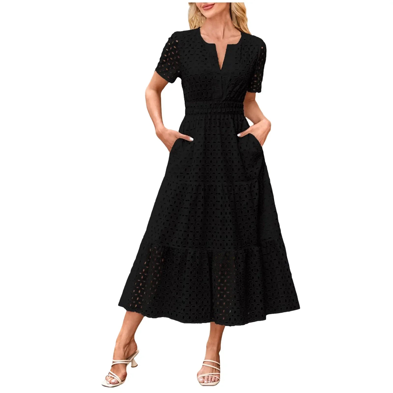 Summer New Women Short Sleeved Long Dress Trendy V-Neck Hollow Eyelets Ruffle Hem A-Line Dresses