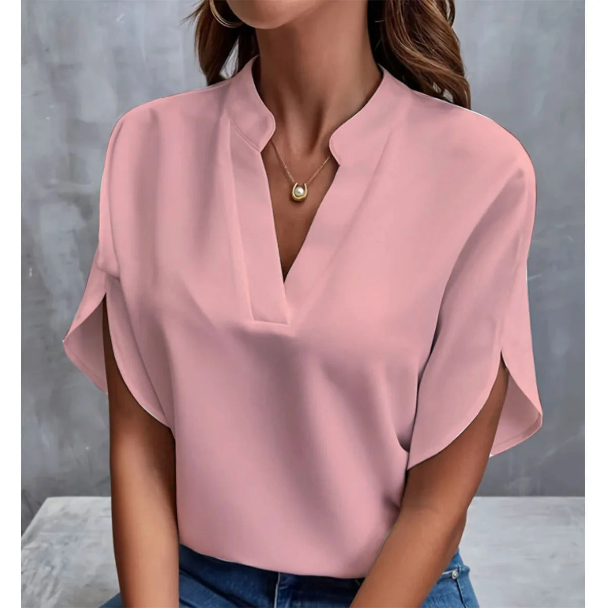 Woman New Summer Solid Color Shirts Lady Casual Short Sleeve V-Neck Collar