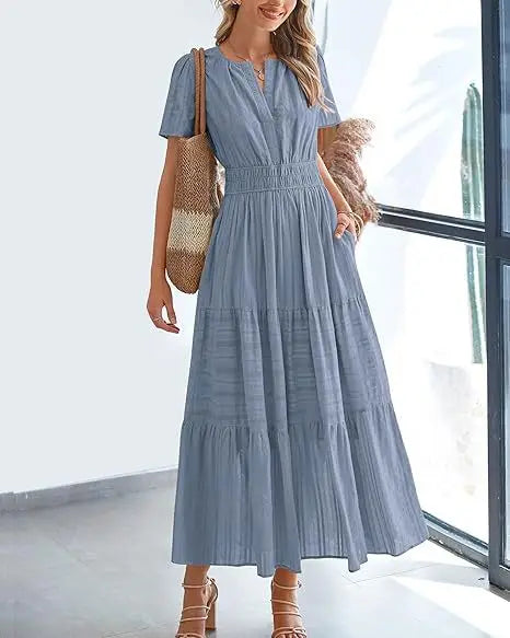 2026 New Dresses Women V Neck Ruched Puff Sleeve Dress Short Sleeve A-Line Flowy Dress Casual