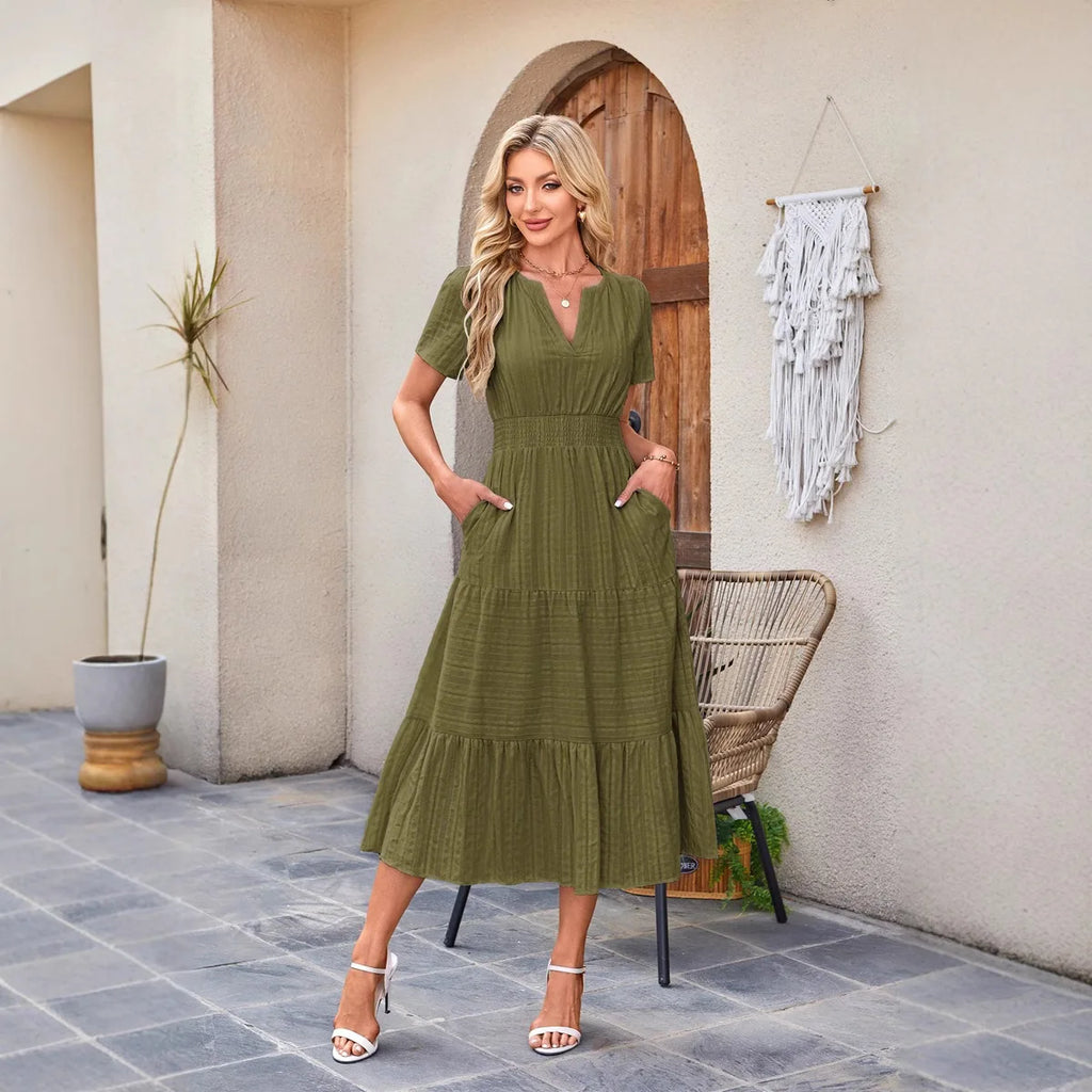 2026 New Dresses Women V Neck Ruched Puff Sleeve Dress Short Sleeve A-Line Flowy Dress Casual