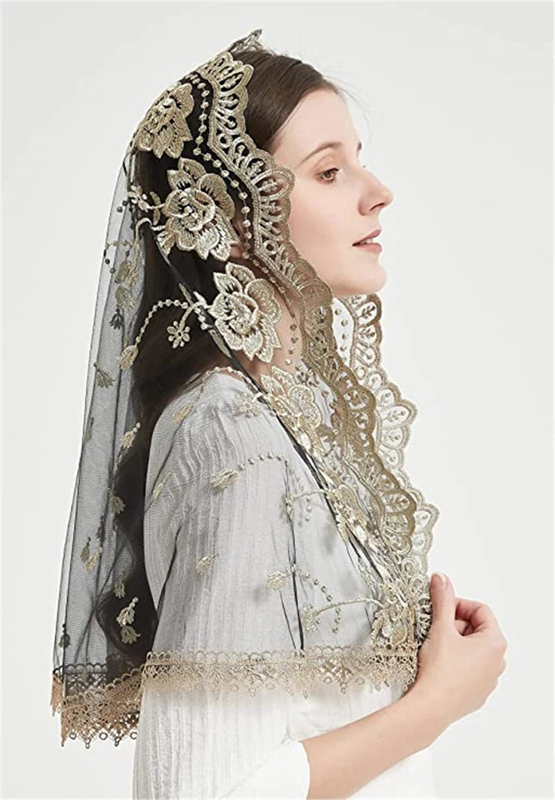 Catholic Veils for Women Mass Lotus-Shaped Gold Embroidered Venice Spanish Style Chapel Head Covering