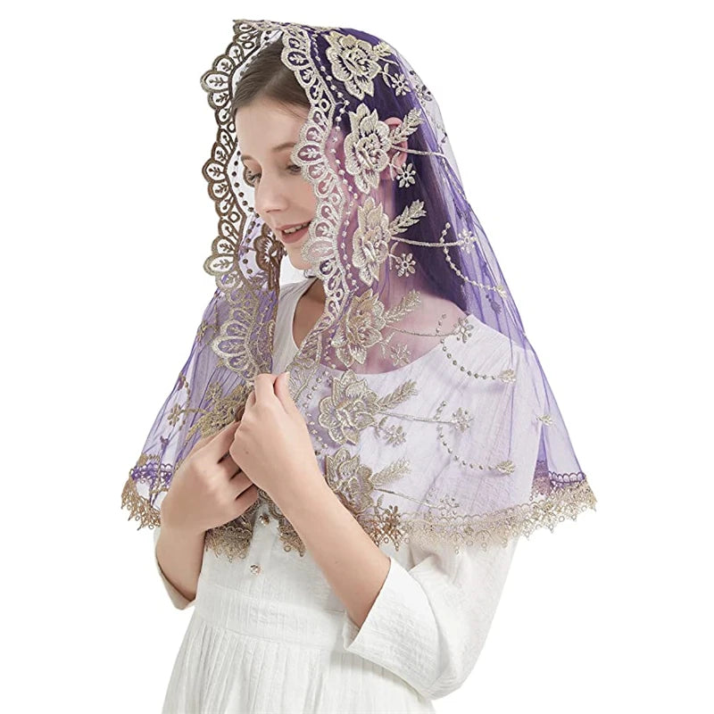 Catholic Veils for Women Mass Lotus-Shaped Gold Embroidered Venice Spanish Style Chapel Head Covering