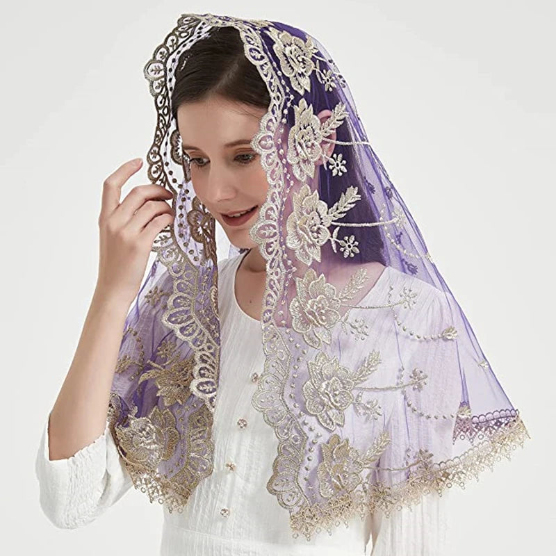 Catholic Veils for Women Mass Lotus-Shaped Gold Embroidered Venice Spanish Style Chapel Head Covering