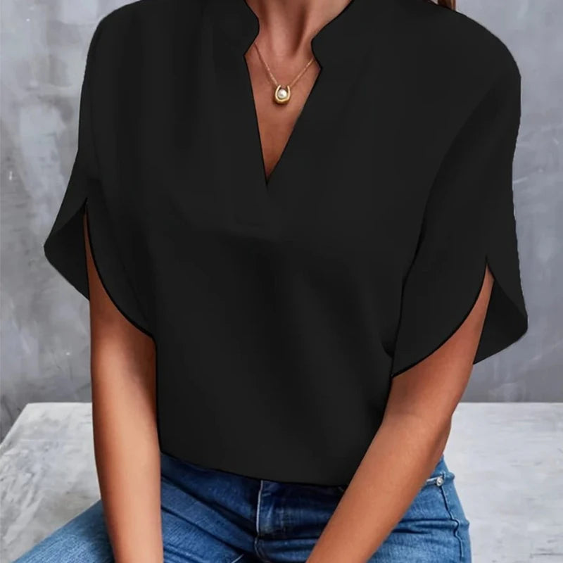 Woman New Summer Solid Color Shirts Lady Casual Short Sleeve V-Neck Collar