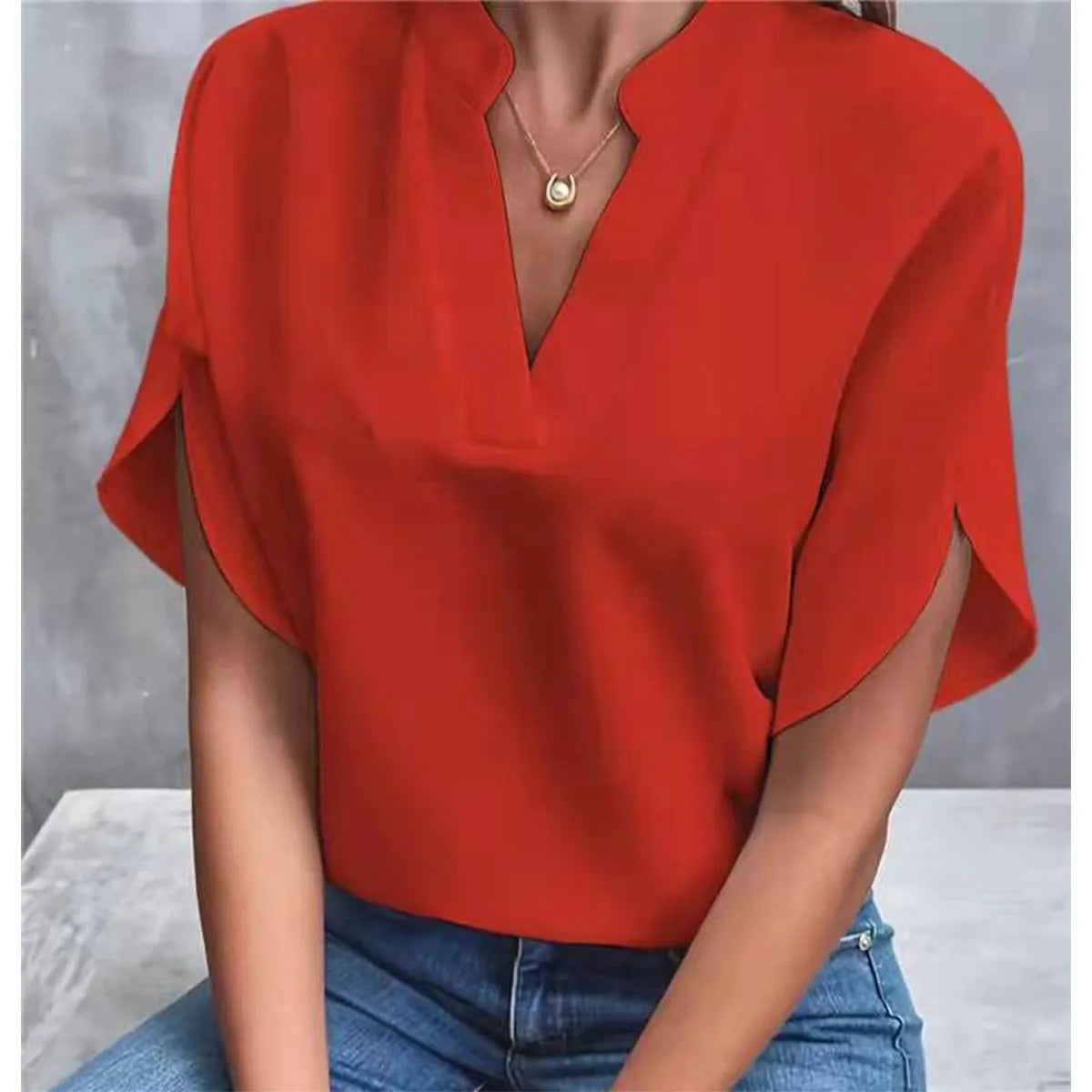 Woman New Summer Solid Color Shirts Lady Casual Short Sleeve V-Neck Collar