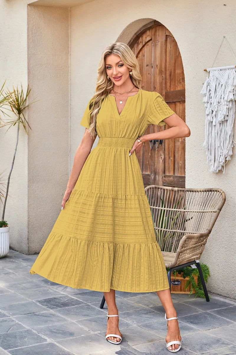 2026 New Dresses Women V Neck Ruched Puff Sleeve Dress Short Sleeve A-Line Flowy Dress Casual